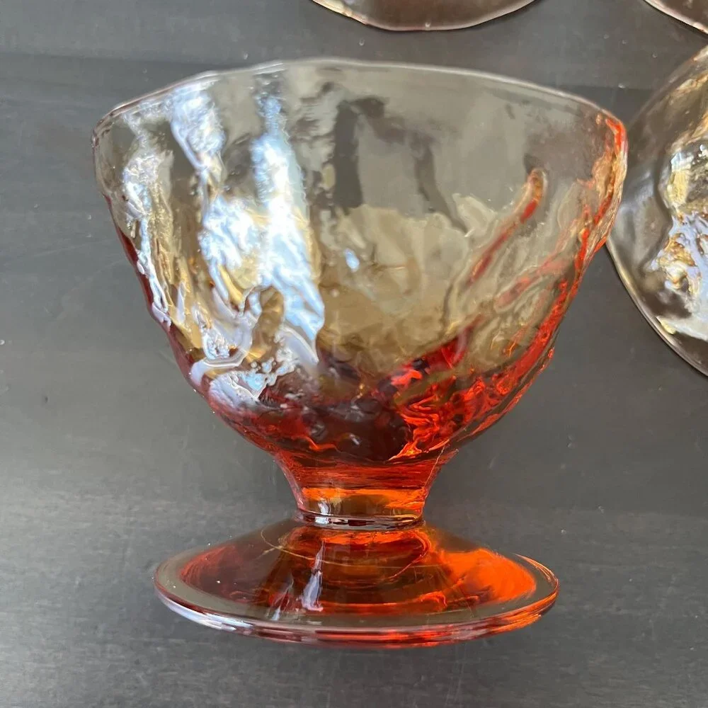 Seneca Glass Driftwood Amber Dessert Bowls // Set of 4 // Crinkle Glass Pedestal